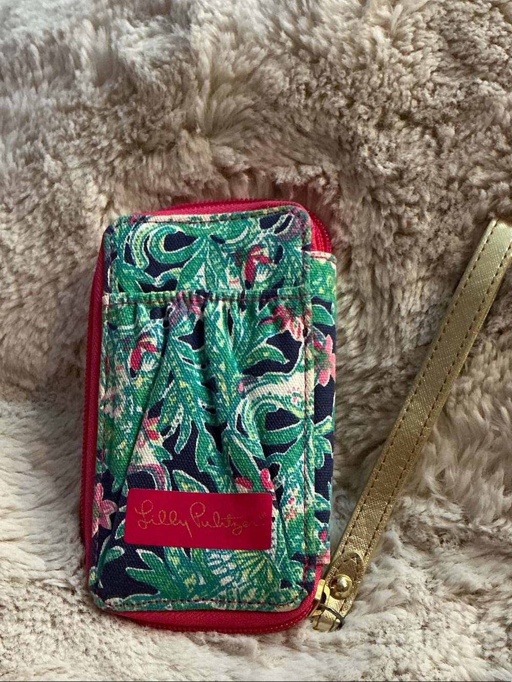 Lilly Pulitzer Green Navy Floral Wristlet with Pink Trim